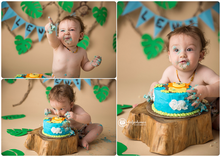 cake-smash-sudbury-infant-photographer-cakesmash-session-lion-leo-blue-oneyear-helgahimer-photography-face-in-cake-buttercream