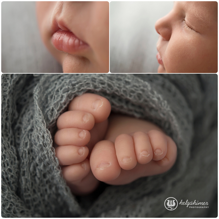 newborn baby macro shots of lips, eyelashes, nose and toes.