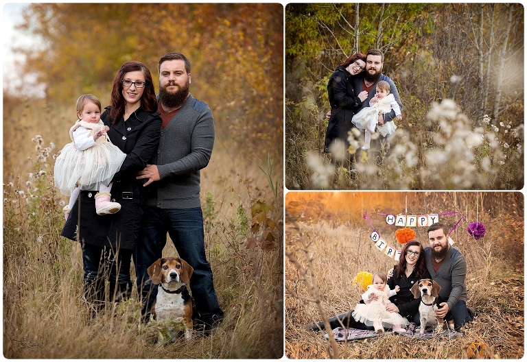 fall family photo with a dog and celebrating child's first birthday
