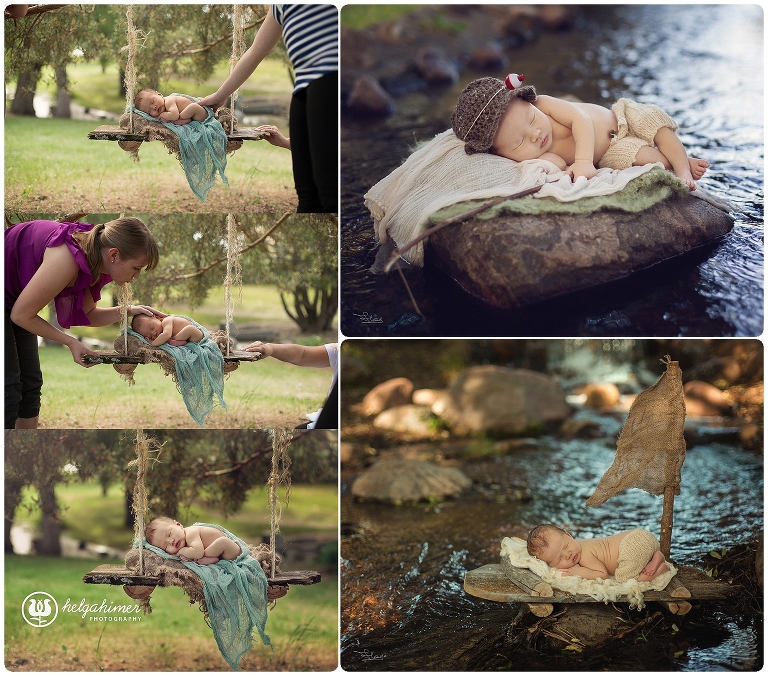 demonstration of composite newborn photography outside, baby is sleeping on the swing and on a raft in the water