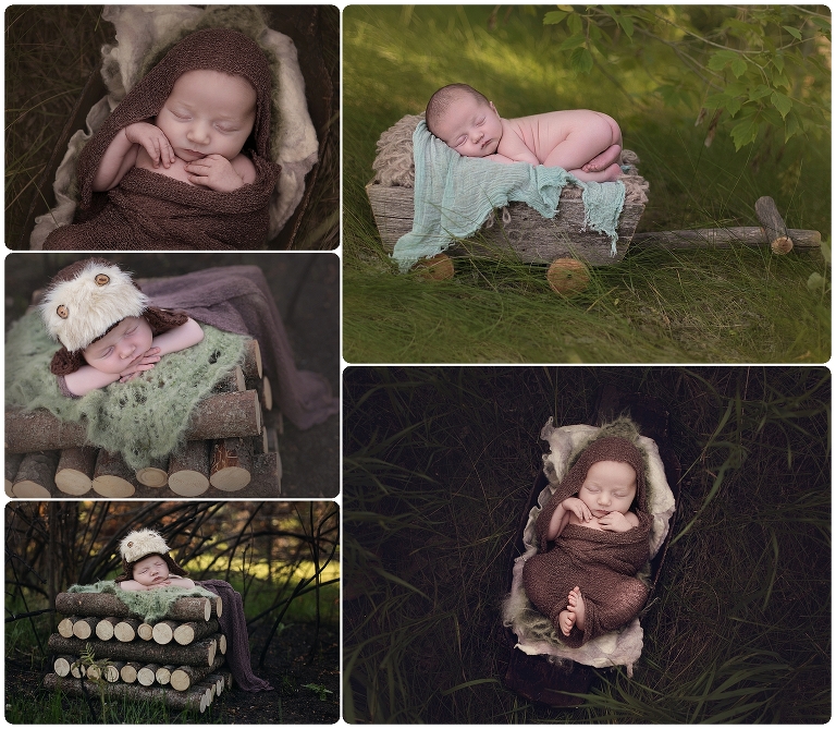 newborn baby photographed outside in a wood pile with lamberjack hat and a Moses basket in the tall grass