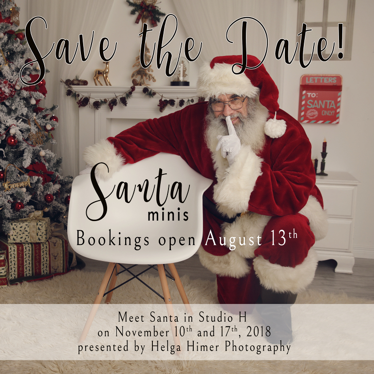 helga himer photography sudbury studio hosting a Santa mini session in November on the photo Santa clause is crouching beside a chair at a Christmas setup