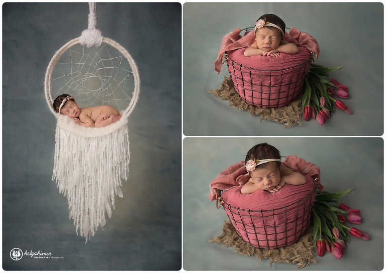 images of a newborn baby, one is hanging with a dream-catcher, the two other is with a mash bucket with pink fabric and tulips around it, photos taken by helga himer photography of sudbury