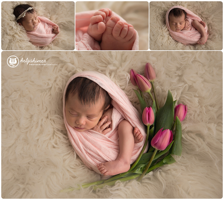 newborn photo on flokati rug wrapped in pink fabric with tulips around her, little toes, photographed by helga himer photography of sudbury