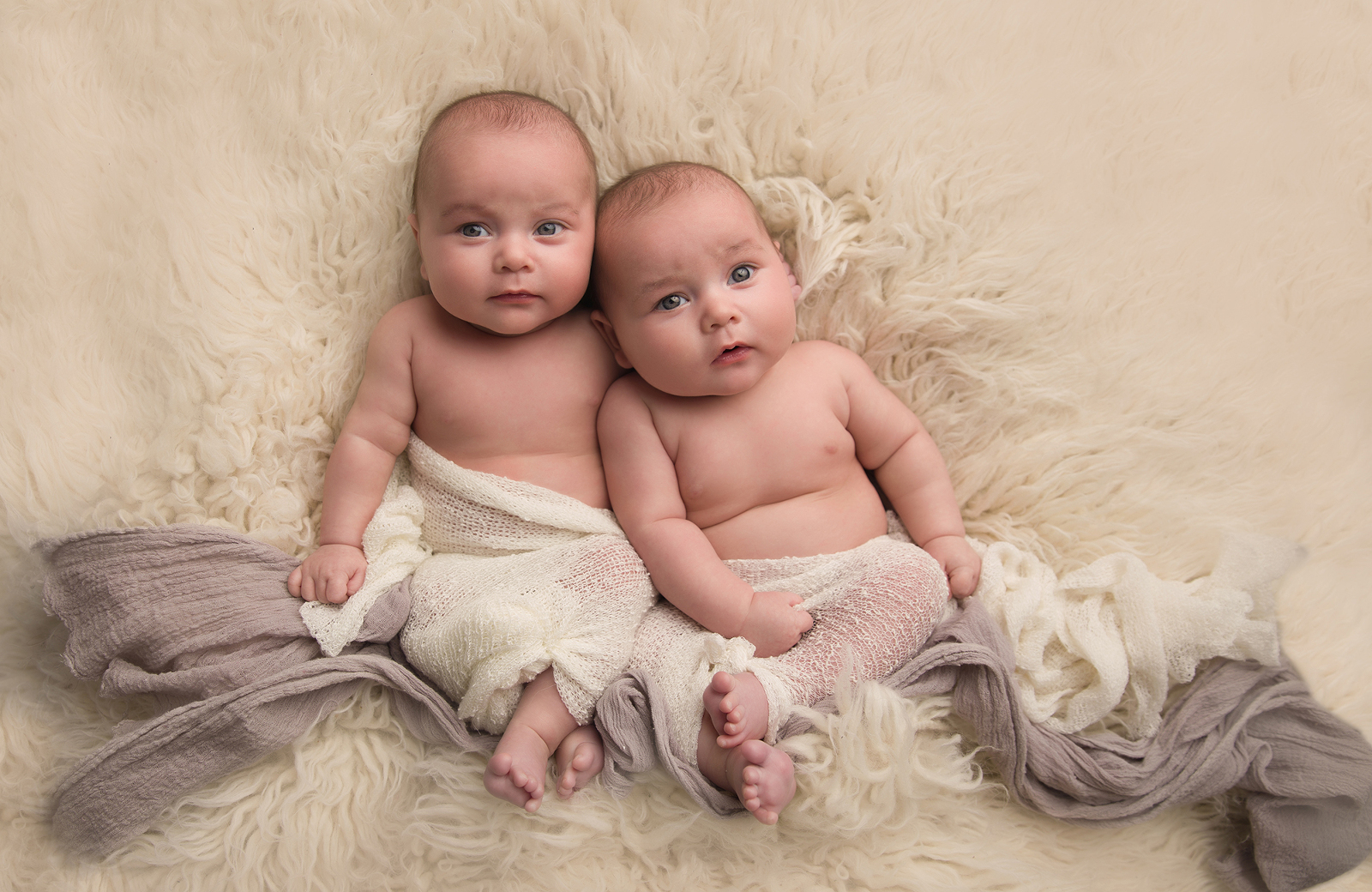 Studio baby twins portrait session with a fluffy light background, the four-month-old twins lying together against one another, partially covered with blankets. Image by Helga Himer Photography, Sudbury, Ontario.