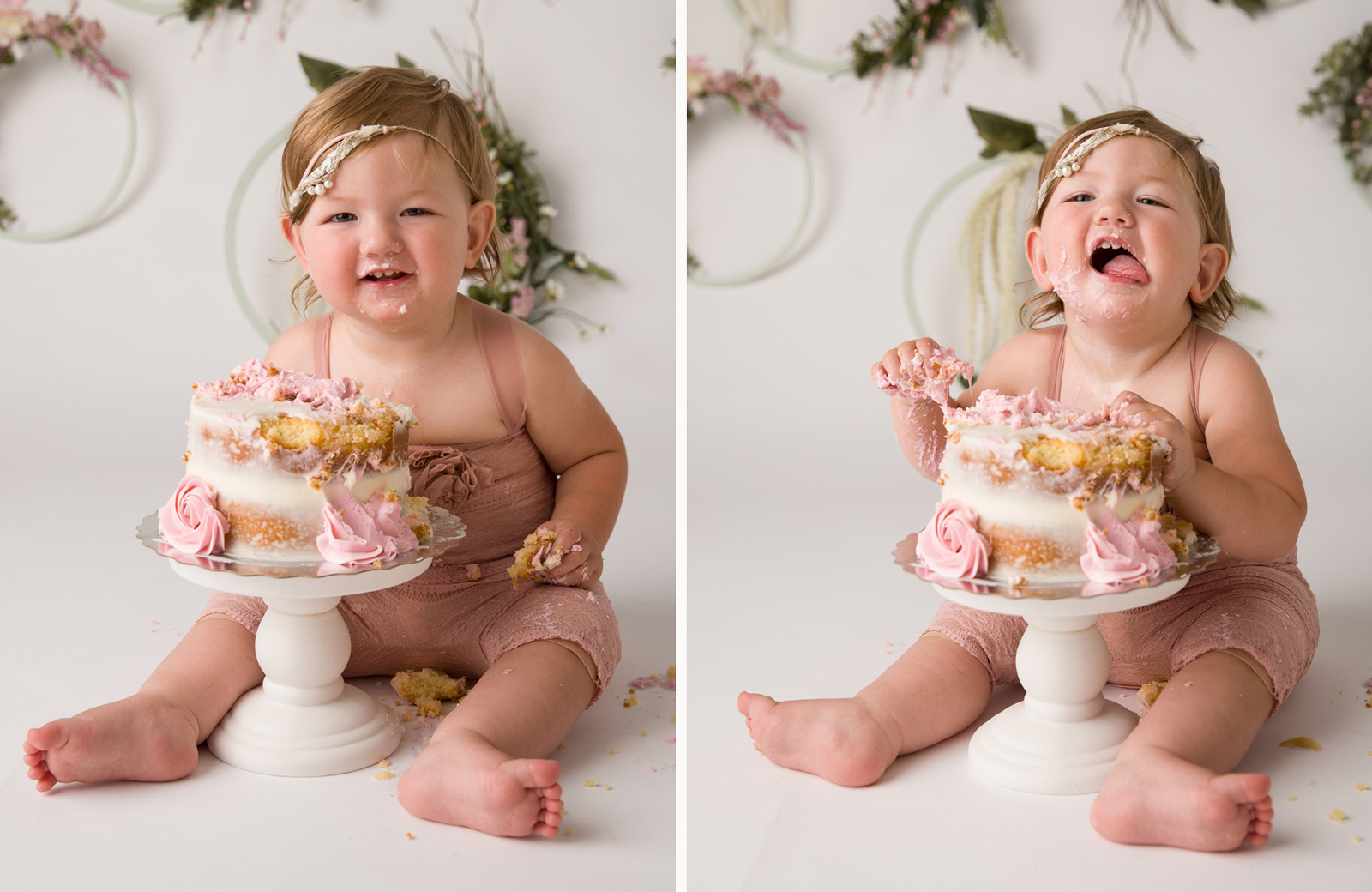 Studio cakesmash first birthday portrait session, the girl next to a fancy pastel pink cake. Before and after photos, with flowery rings in the background. Image by Helga Himer Photography, Sudbury, Ontario.