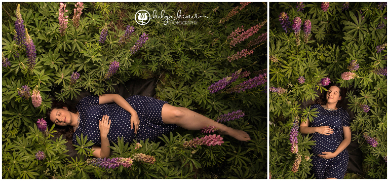 pregnant mother laying down in pink and purple Lupin field -maternity-family-summer-sudbury-portrait-session
