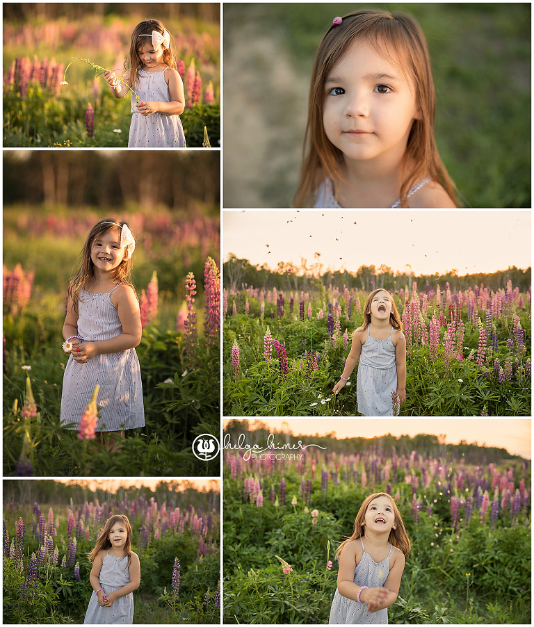 girl playing around in a lupin flower field at sunset