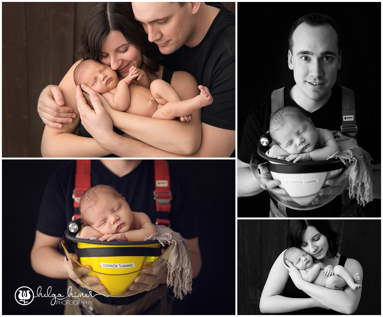 newborn family photos black and white and color dad holding baby in a firefighter helmet