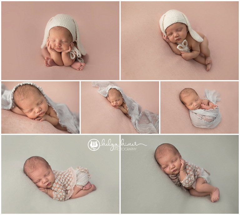 pink and mint green colors in a newborn girl photo session frog pose and bum up pose