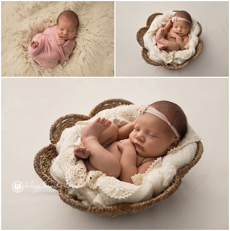 newborn baby laying in a flower basket on white background